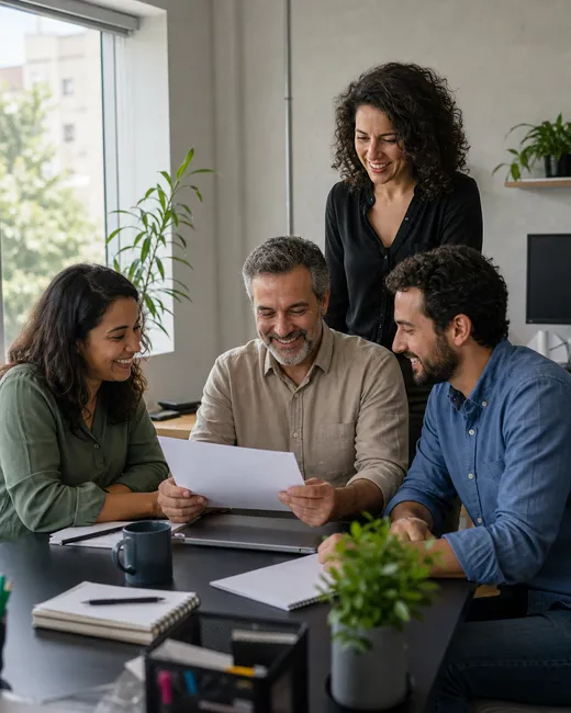 Equipe de uma pequena empresa brasileira trabalhando em conjunto