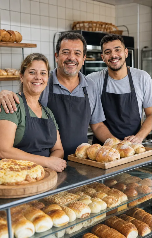 Família empreendedora feliz em sua padaria