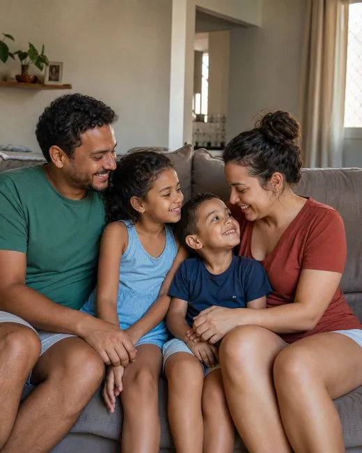 Família brasileira feliz reunida em casa