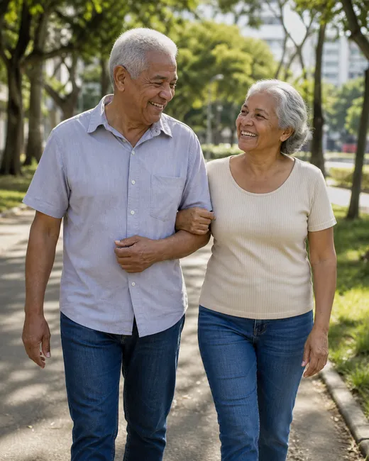 Casal de idosos feliz caminhando em um parque